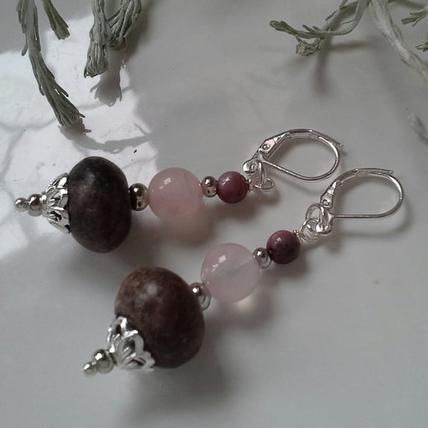 Charoilite, Ruby & Rose Quartz Earrings Silver Plated