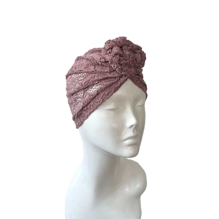 Dark Pink Lace Turban Hat for Women Summer Cap Hair Loss Alopecia Headwear
