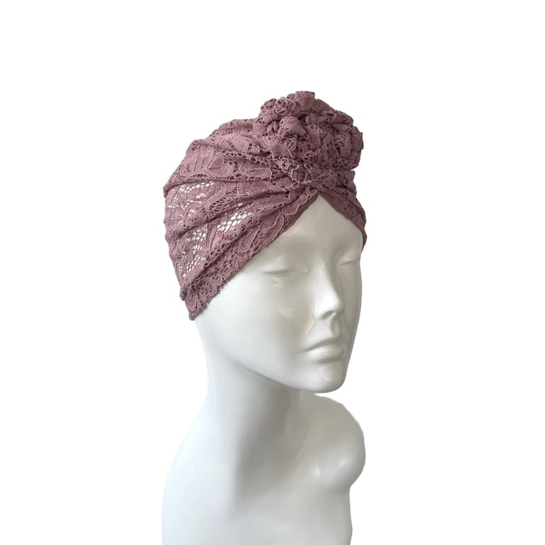 Dark Pink Lace Turban Hat for Women Summer Cap Hair Loss Alopecia Headwear