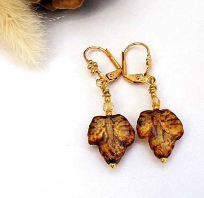  Pressed Czech Glass Autumn Leaves Earrings.