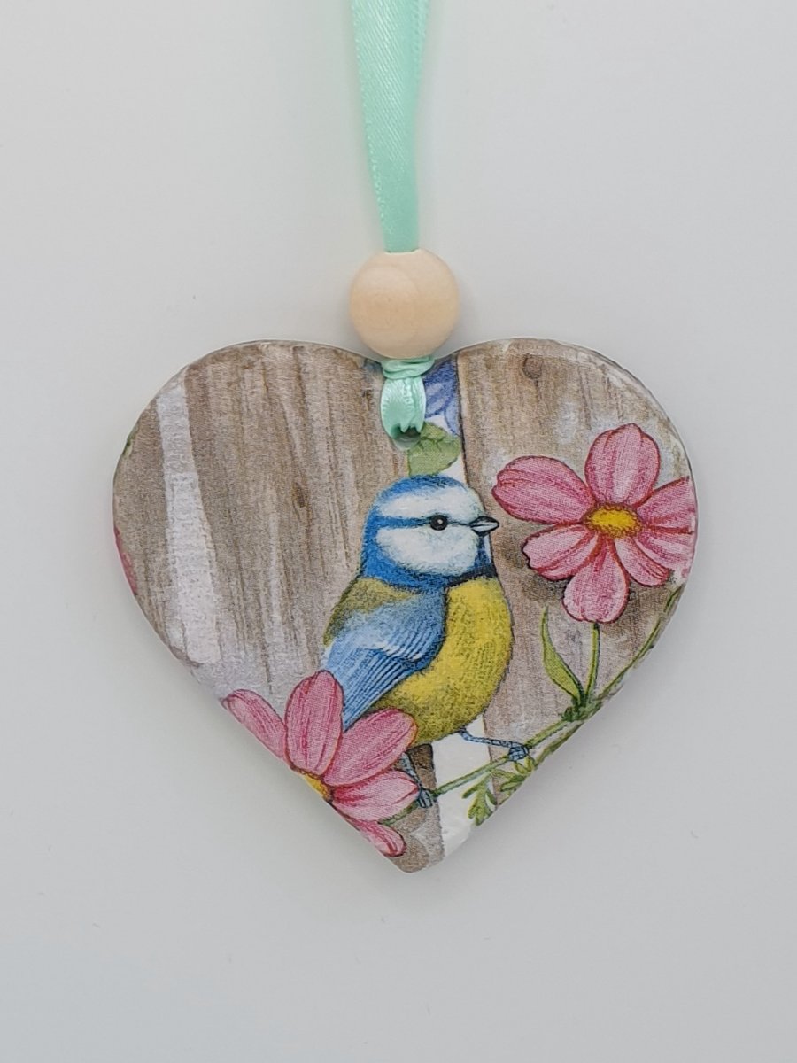 Bluetit clay hanging heart decoration, garden bird, letterbox gift 