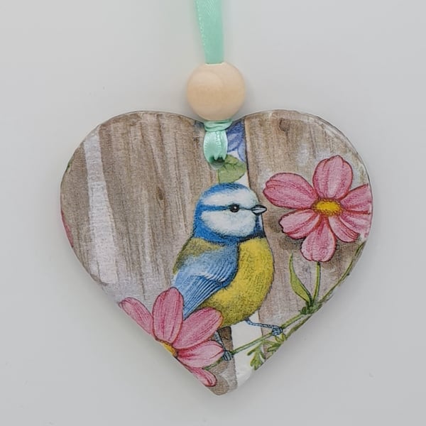 Bluetit clay hanging heart decoration, decoupage, garden bird lover gift