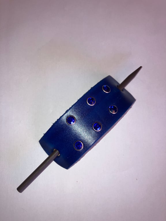Dyed Blue Leather Hair Stick Barrette with 6 Blue Gemstones - FREE SHIPPING