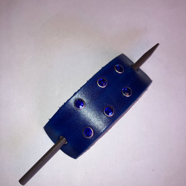 Dyed Blue Leather Hair Stick Barrette with 6 Blue Gemstones - FREE SHIPPING