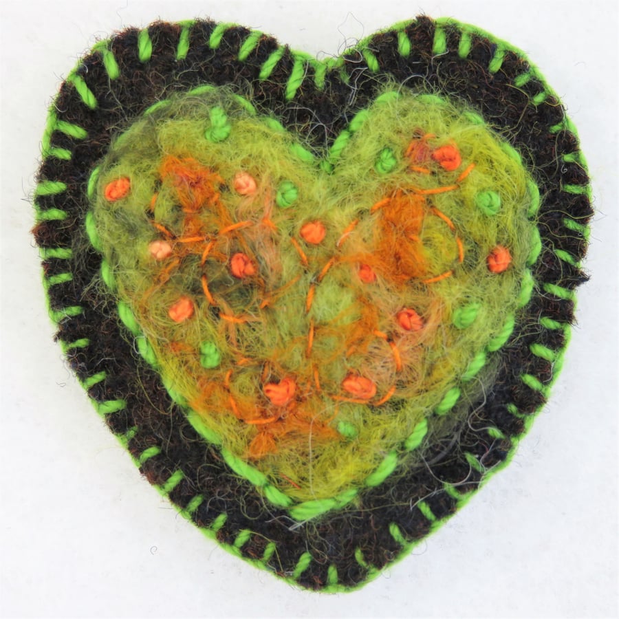 Heart Brooch Embroidered and Felted Orange on Brown