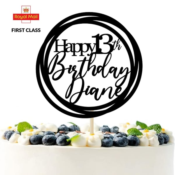 Happy Birthday Cake Topper, Custom Name and Age Cake Topper, 13th Cake Topper