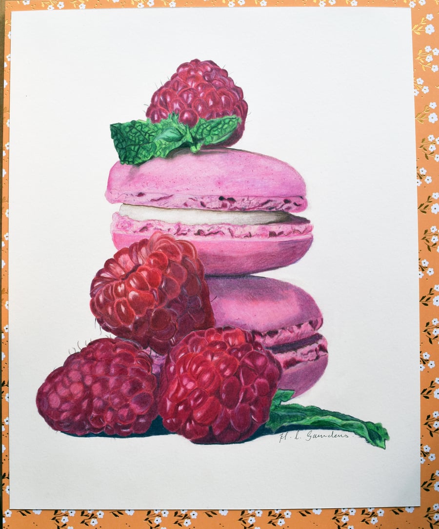 Raspberries and Macarons Coloured Pencil Drawing - Original Art - Food