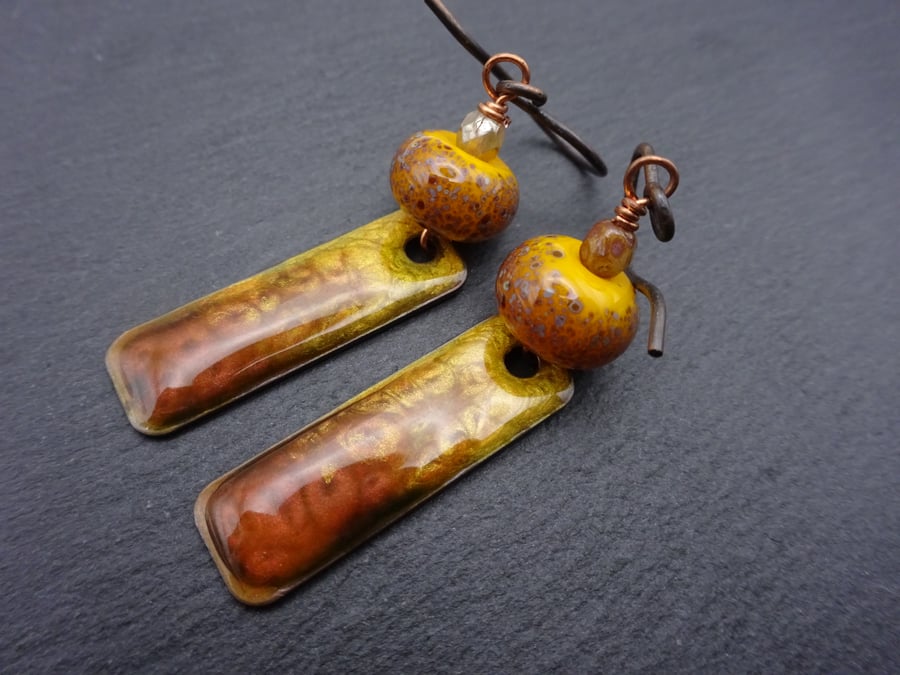 copper earrings, yellow lampwork glass jewellery