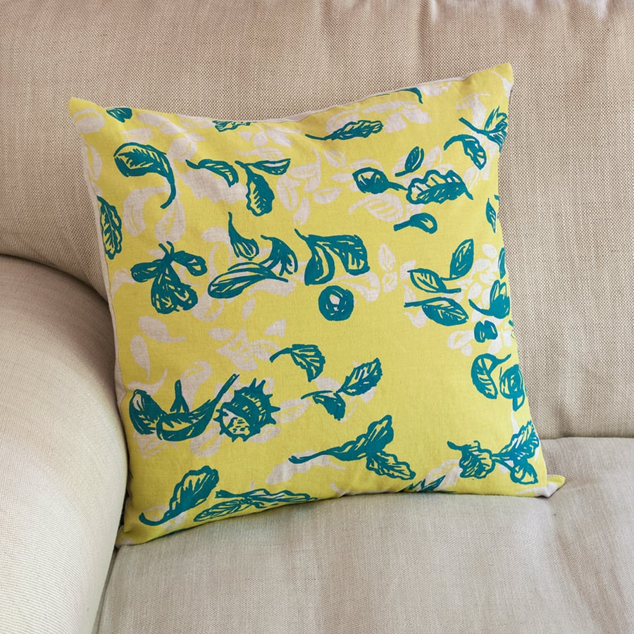Cover Story "Fallen Leaves" 45cm square cushion in yellow & blue