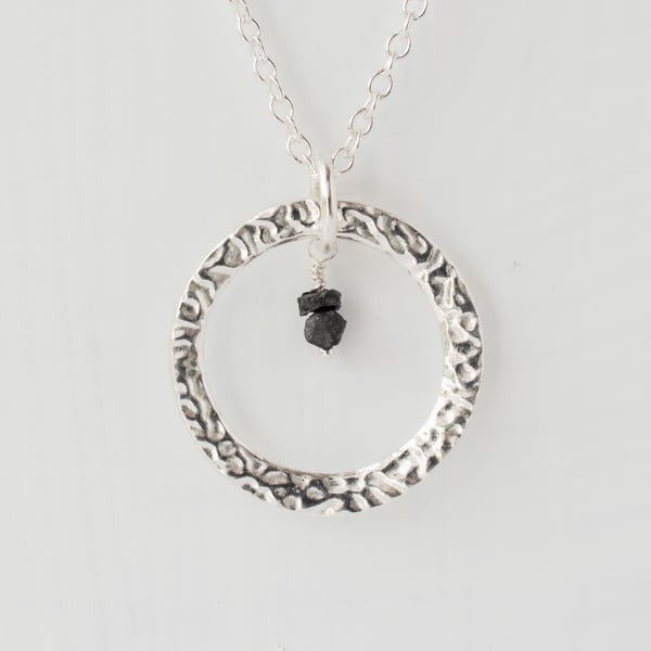 Black Diamond with Large Textured Fine Silver Circle Pendant Necklace