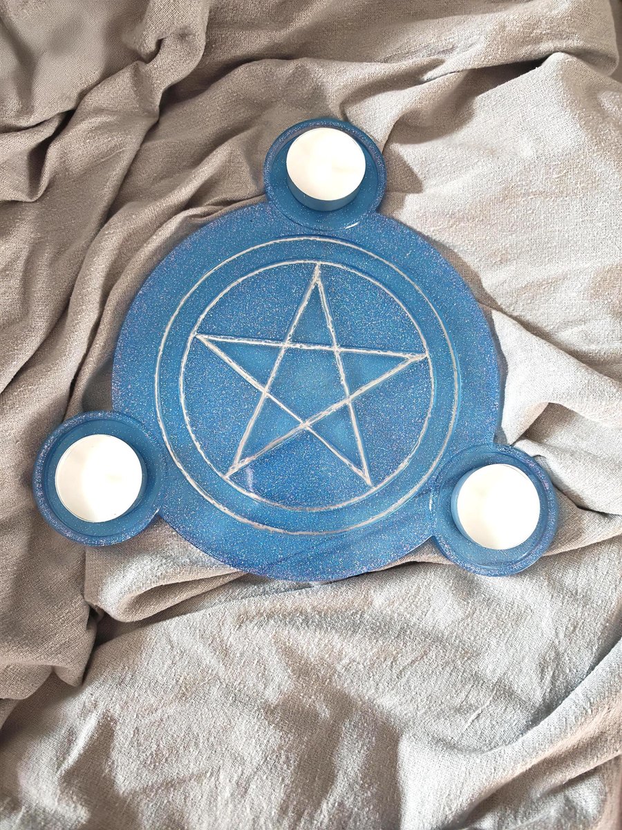 Pentagram Candle Holder: Blue Wiccan Handmade Resin Decor