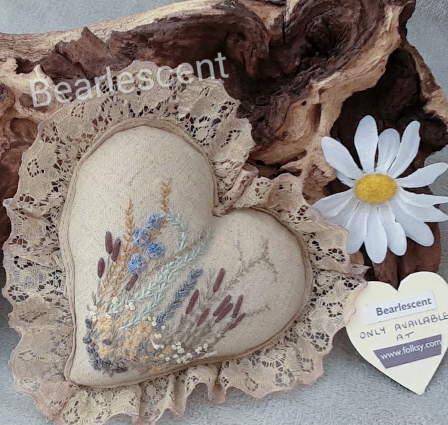 Hand Embroidered Lavender Heart, Lavender pillow, unique keepsake by Bearlescent