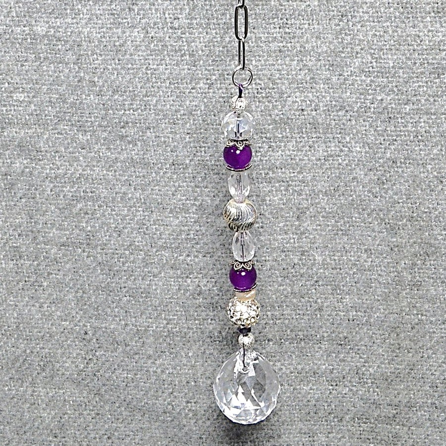 Suncatcher – Purple, Clear, and Silver, with Chain and Crystal Drop
