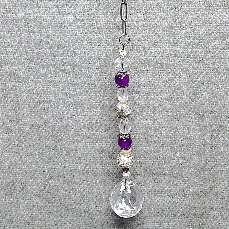 Suncatcher – Purple, Clear, and Silver, with Chain and Crystal Drop