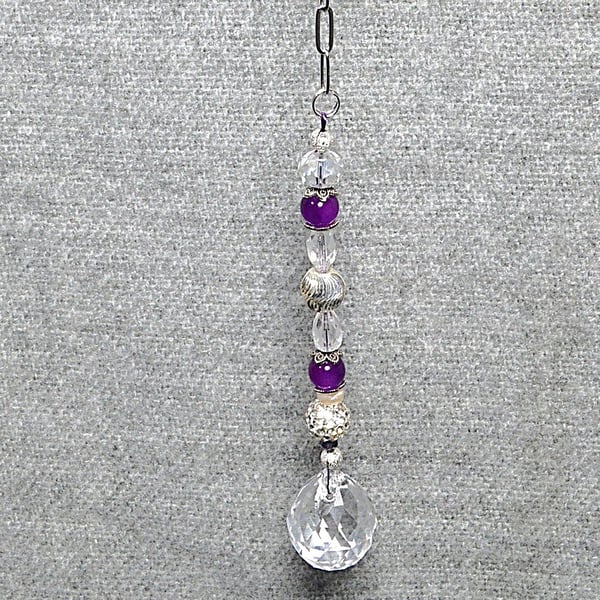 Suncatcher – Purple, Clear, and Silver, with Chain and Crystal Drop