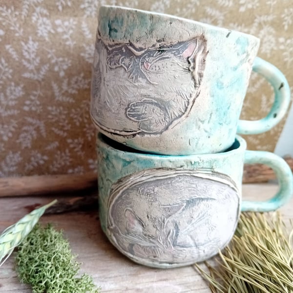 Small rustic mugs,tea cups, linocut design sleeping cats set of 2 turquoise