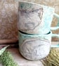 Small rustic mugs,tea cups, linocut design sleeping cats set of 2 turquoise