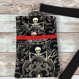 Skeletons Lanyard Pouch, Gothic Phone, Glasses, Detachable lanyard, Handmade