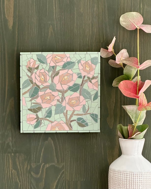 Mosaic Floral Art  - Pink Rambling Rose Mosaic Wall Plaque in Pistachio Green