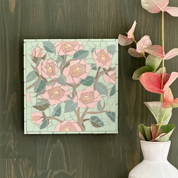 Mosaic Floral Art  - Pink Rambling Rose Mosaic Wall Plaque in Pistachio Green