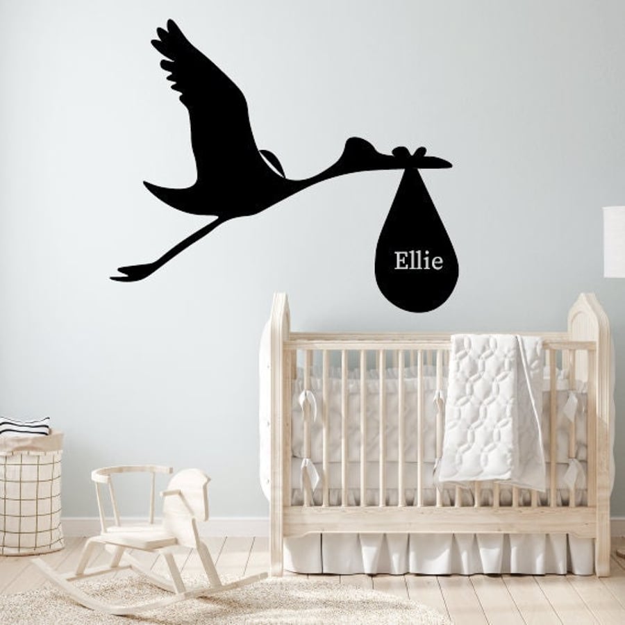 Stork Personalised Baby Name Sticker Nursery Wall Decor Expecting Baby Shower