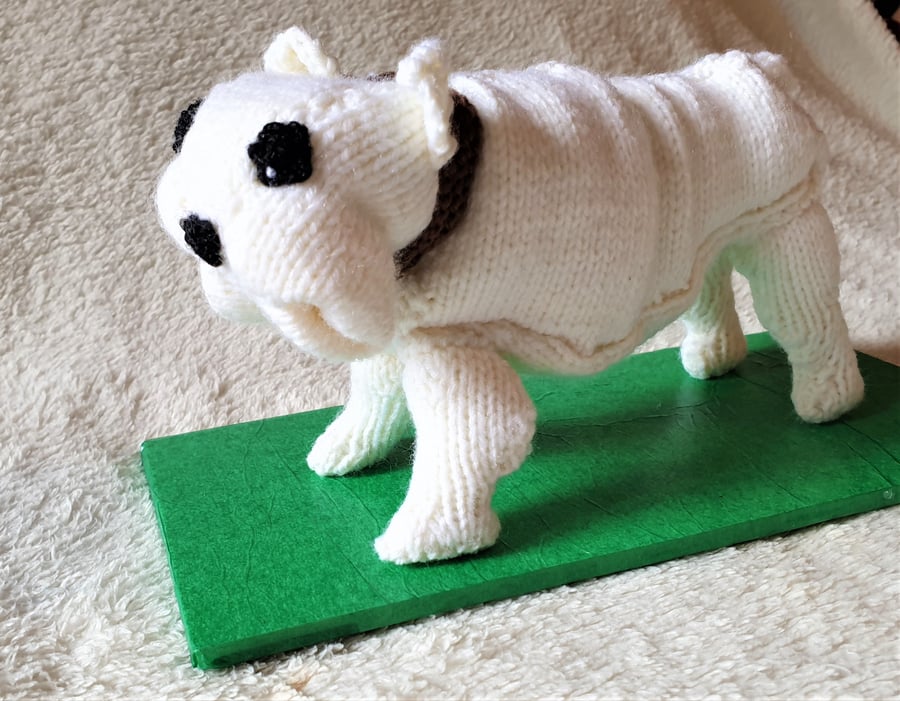 English Bulldog knitted collectible on stand