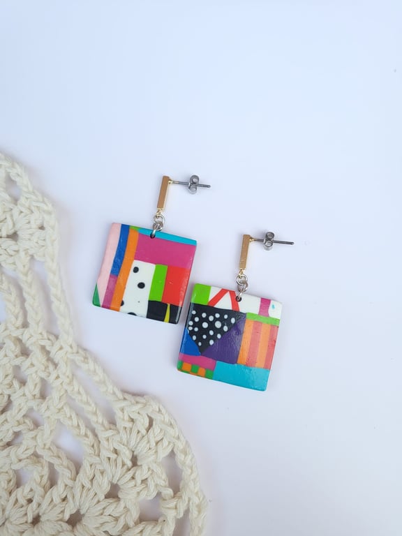 Handmade Abstract Pattern Polymer Clay Earrings - Urban Patchwork Drops