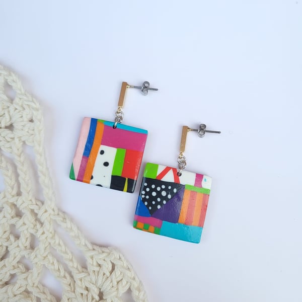 Handmade Abstract Pattern Polymer Clay Earrings - Urban Patchwork Drops
