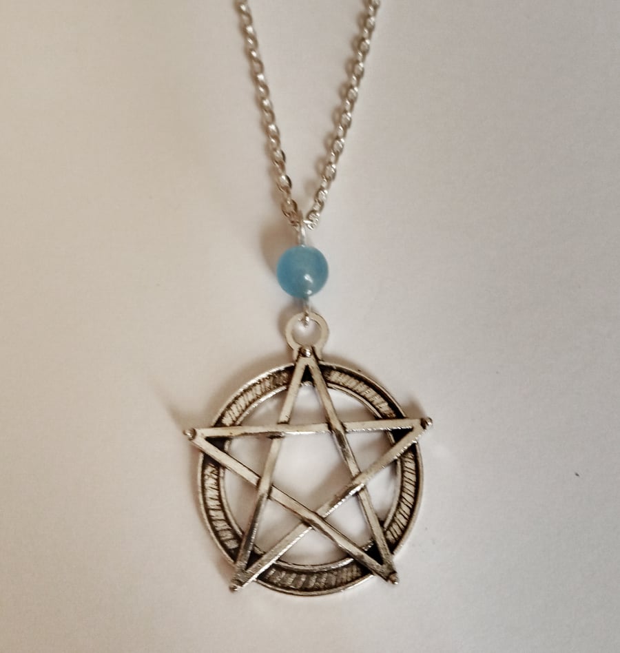 Aquamarine Sky Blue Quartz Pentagram Pentacle Necklace Wicca Pagan