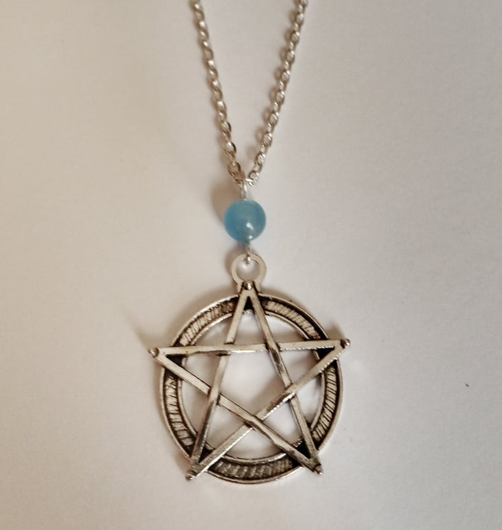 Aquamarine Sky Blue Quartz Pentagram Pentacle Necklace Wicca Pagan