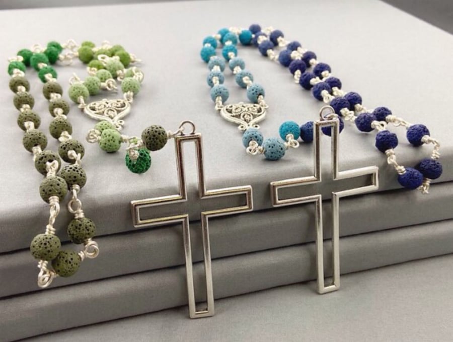 Ombre Lava Rock Rosary Style Necklace - Choice of Blue or Green - No Clasp