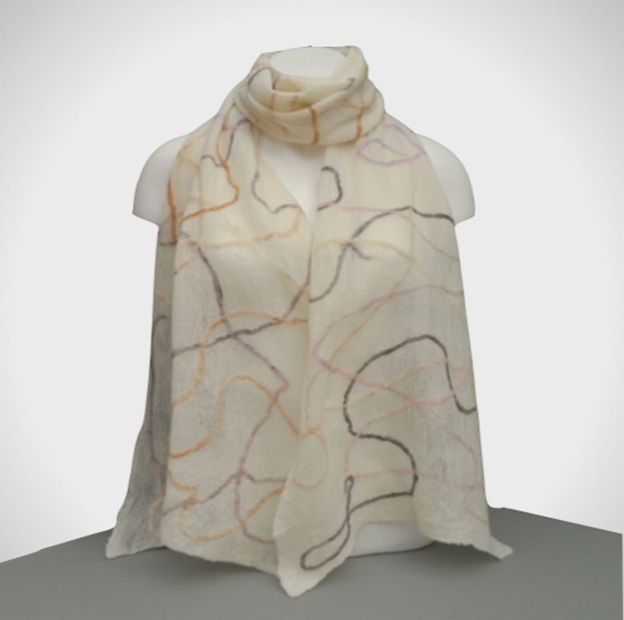 Gift boxed nuno felted long white "scribble" scarf