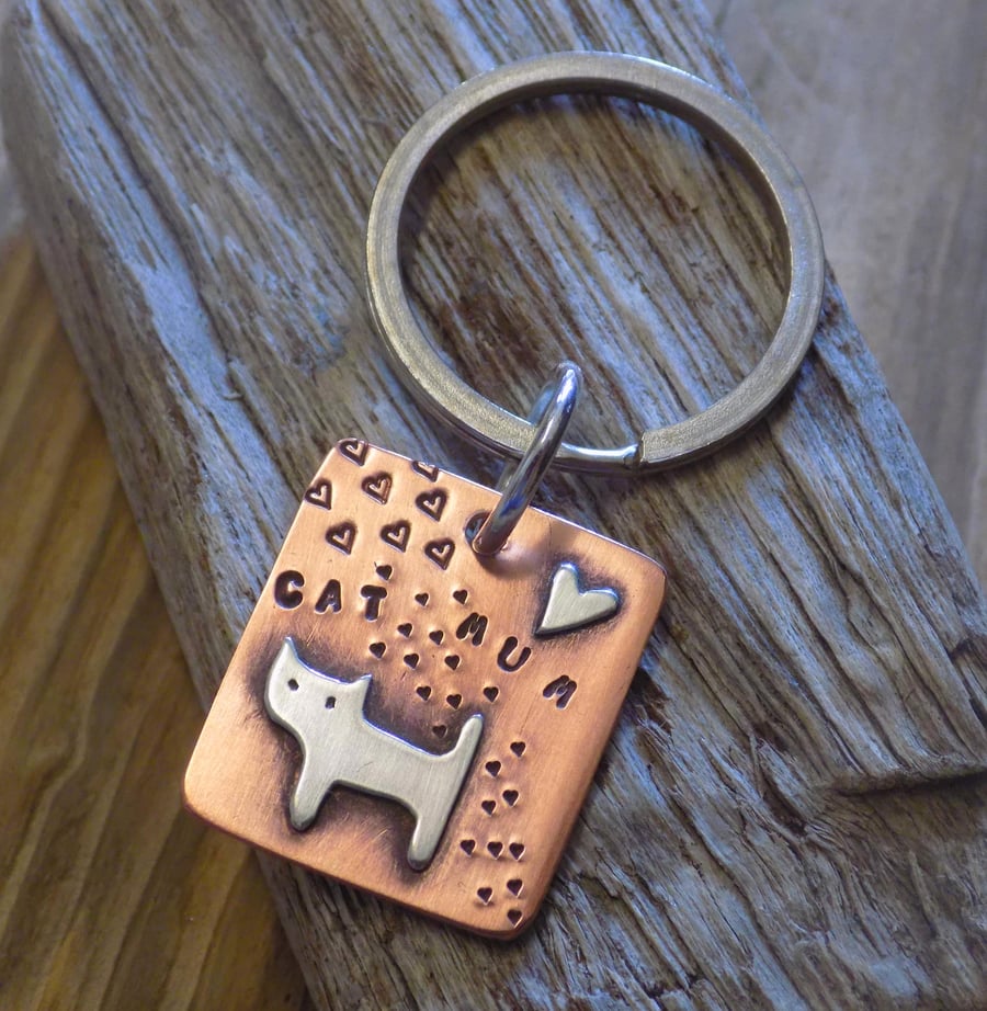 Copper and sterling silver mixed metals 'cat mum' keyring 