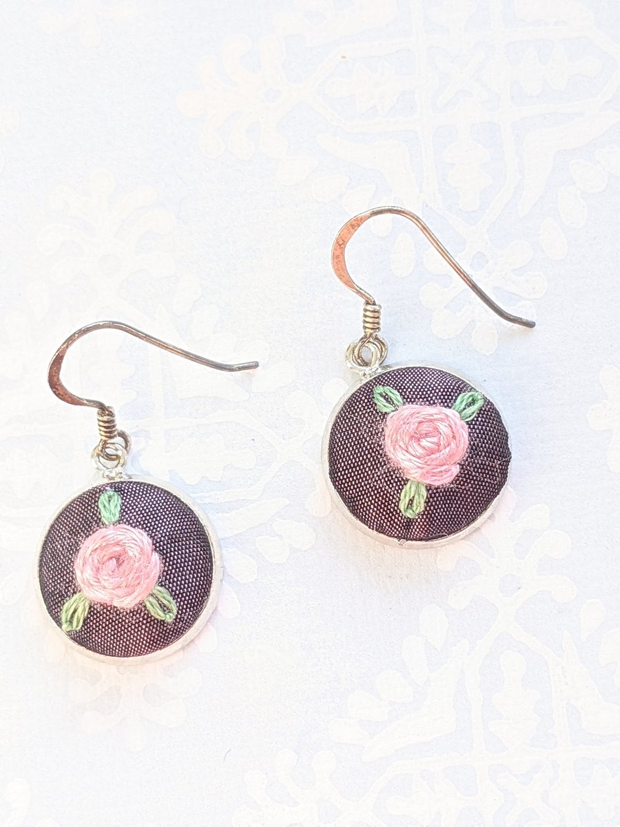 Embroidered rose earrings