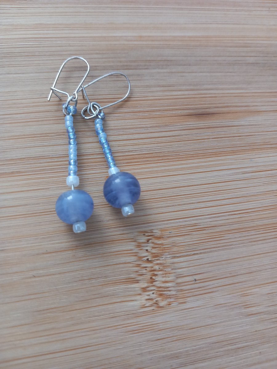 Blue lace agate semiprecious drop dangle beaded earrings