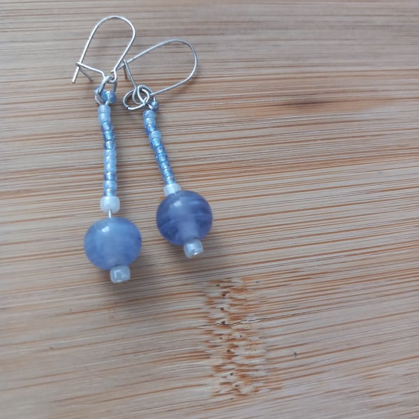 Blue lace agate semiprecious drop dangle beaded earrings