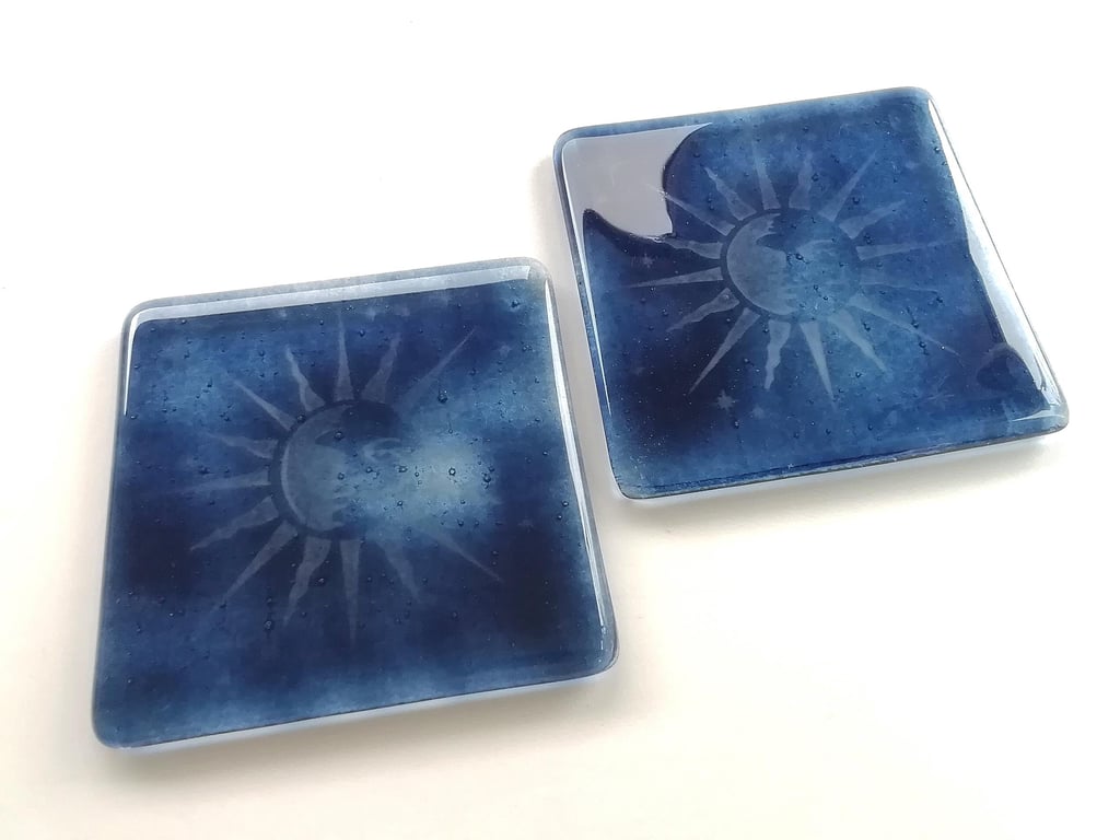 Celestial Fused Glass Coasters: Sun & Moon Barware, Spiritual Gift (Set of Two)