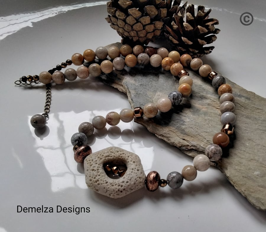 175ct Fossil Coral, Heamotite & Lava Rock Unisex Necklace