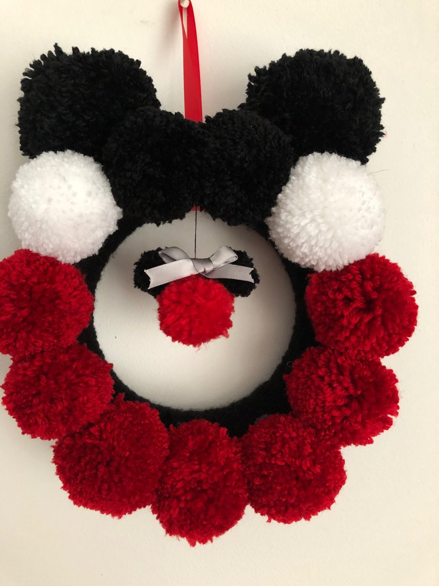 Handmade Disney inspired Pom Pom wreath, mickey, Minnie, mouse.