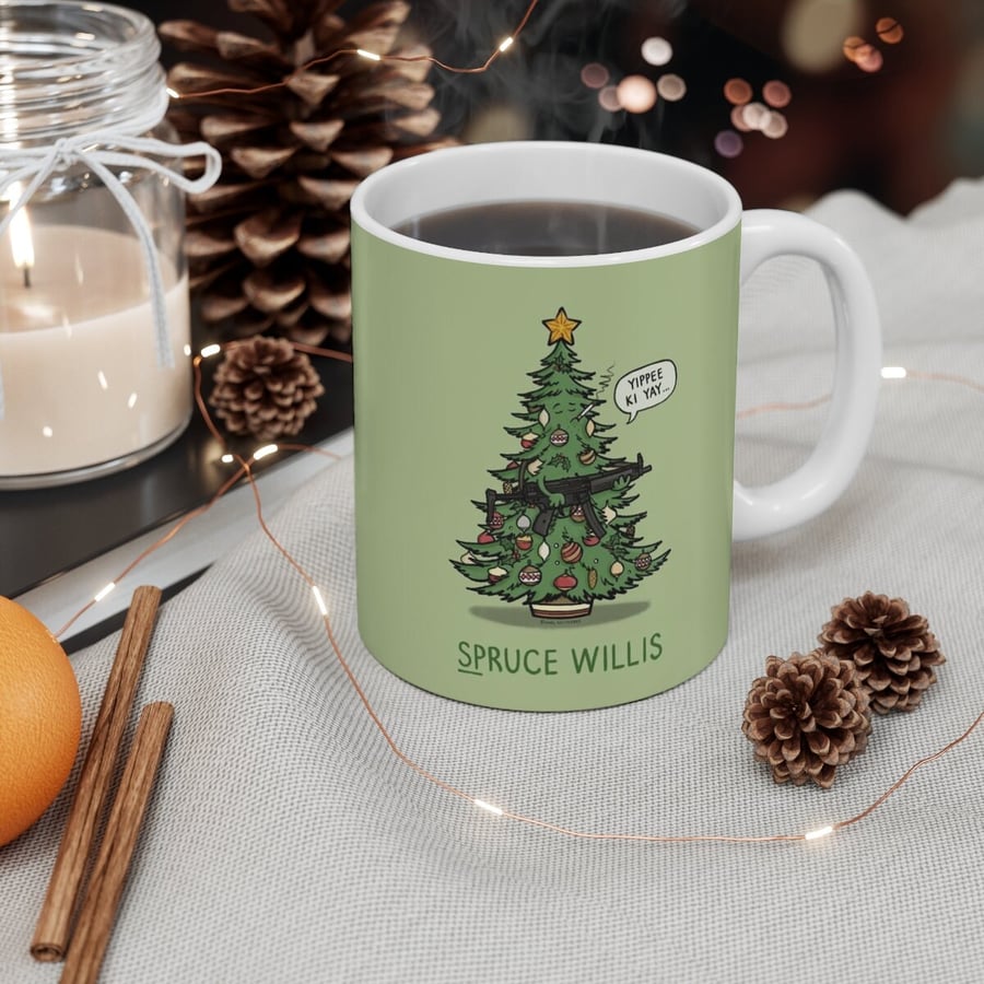 Spruce Willis Cartoon Pun Christmas Mug - Funny Bruce Willis Die Hard John McCla