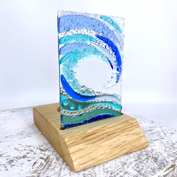 Fused Glass Wave in a Handcrafted Oak Tea Light Holder