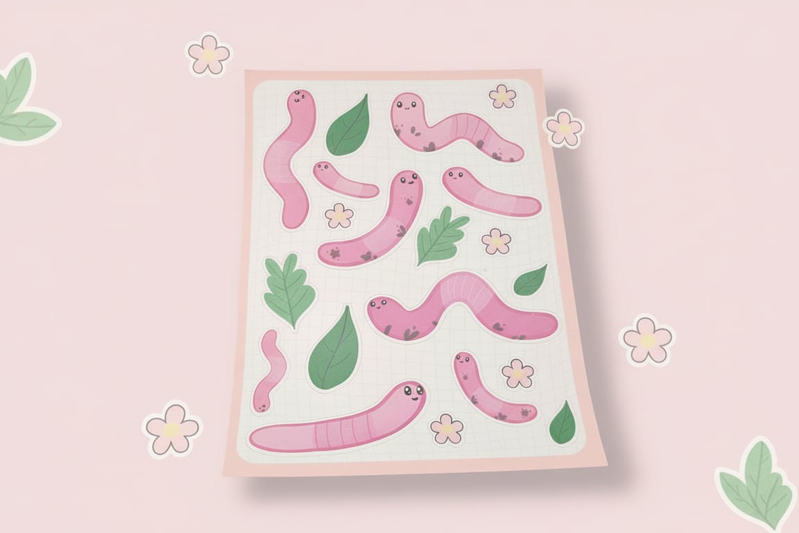 Worm Sticker Sheet, Kawaii Garden Worm Journaling & Scrapbooking 