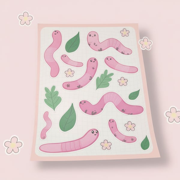 Worm Sticker Sheet, Kawaii Garden Worm Journaling & Scrapbooking 