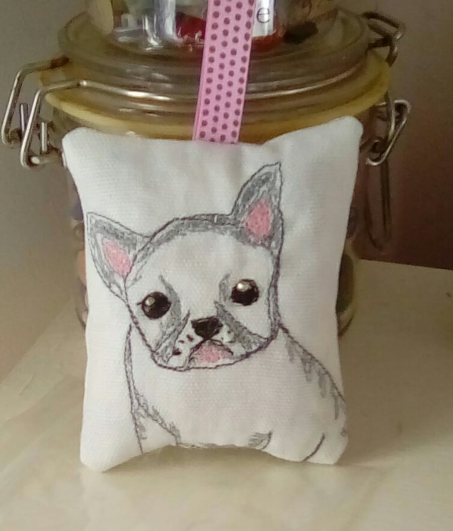 Embroidered Lavender Bag, French Bulldog Bag