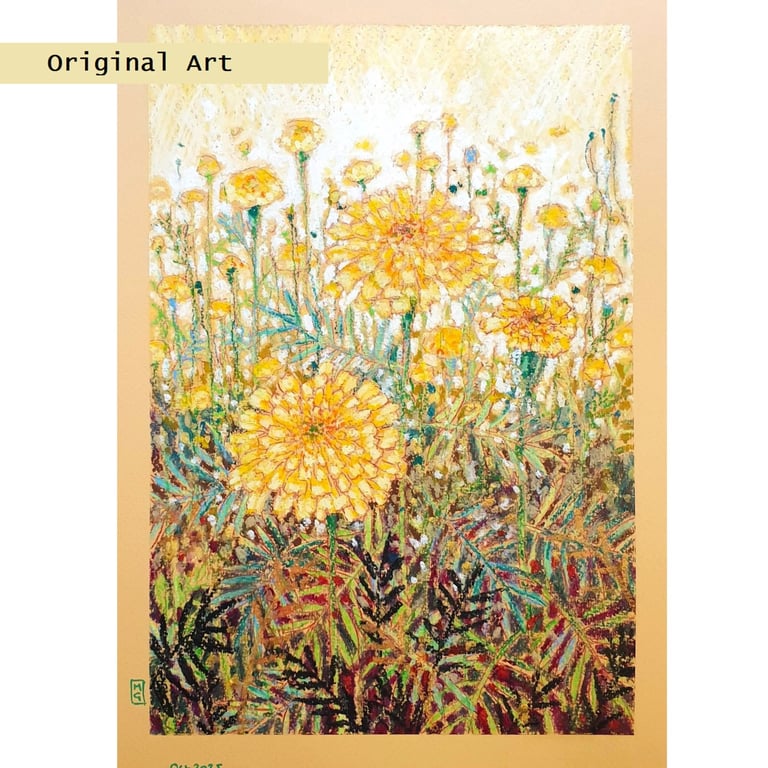 Golden Marigolds Original Oil pastel painting, A4 artwork, wall art