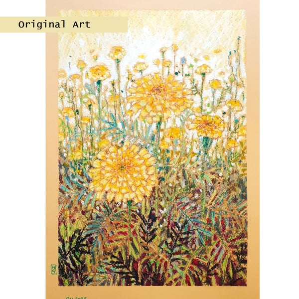 Golden Marigolds Original Oil pastel painting, A4 artwork, wall art