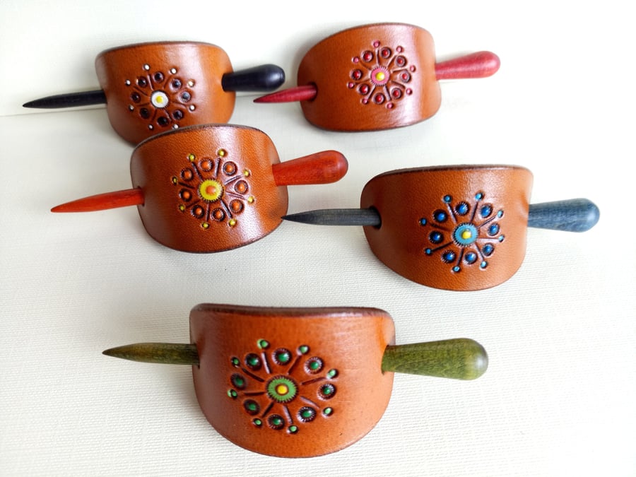 Leather Stick Barrette, Small Size Leather Hair Slide with Matching Wood Stick