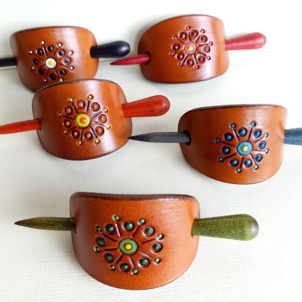 Leather Stick Barrette, Small Size Leather Hair Slide with Matching Wood Stick