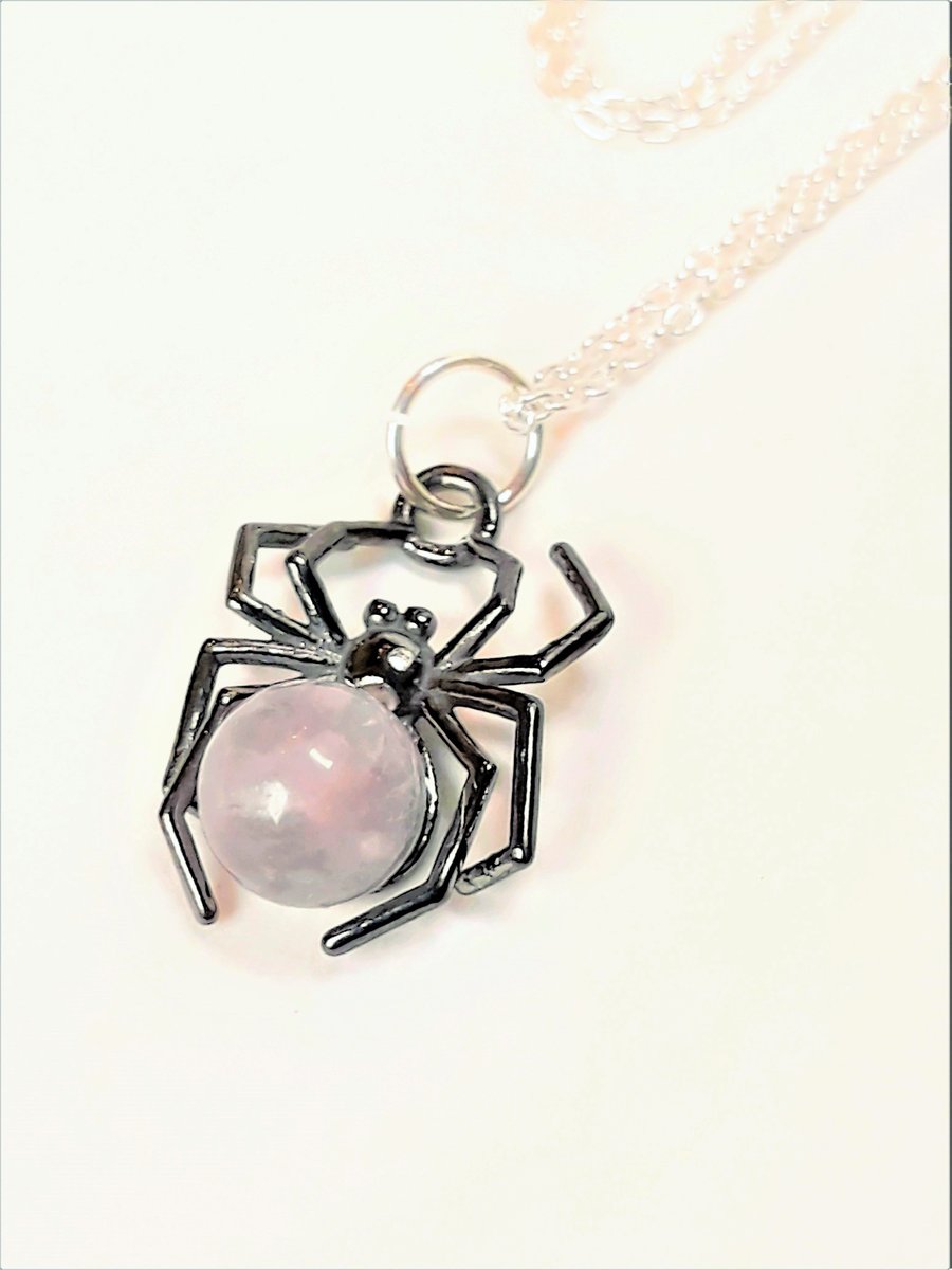 Rose Quartz Spider Necklace, Sterling Silver with Black Rhodium