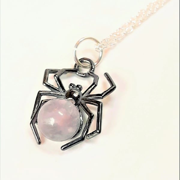 Rose Quartz Spider Necklace, Sterling Silver with Black Rhodium